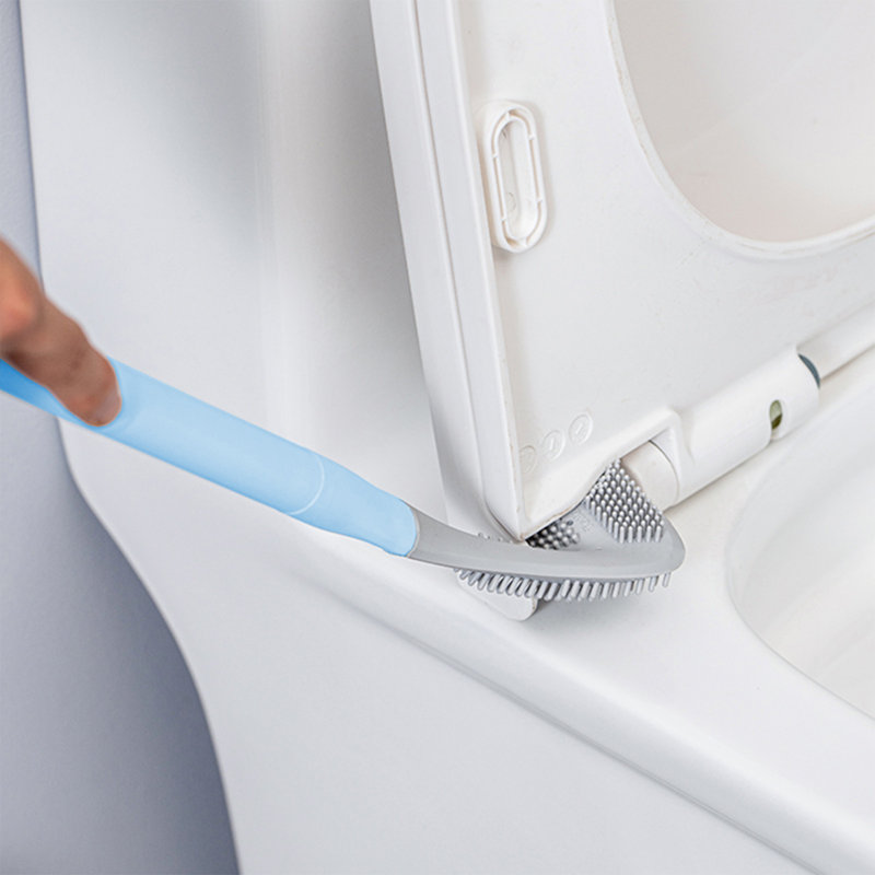 Brosse de toilette à poignée longue détachable avec base en caoutchouc souple sans coins de toilette, Bleu