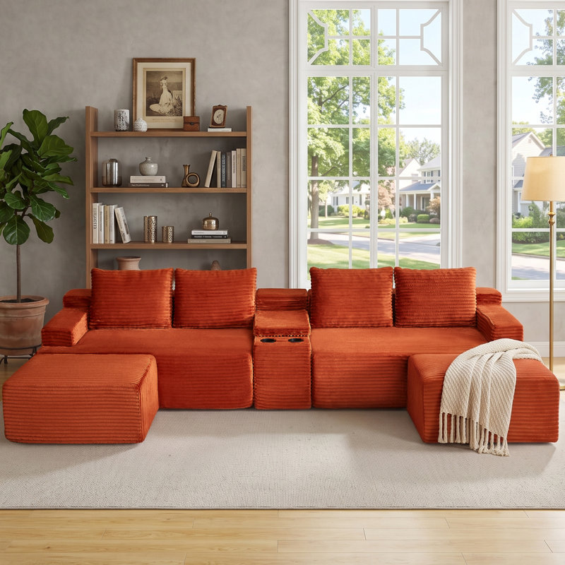 Corduroy U-Shaped Sectional Symmetrical, Orange