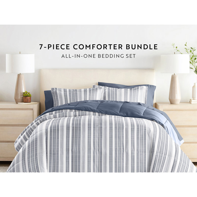 Full Navy Striped Microfiber Down Alternative Bed in a Bag Set