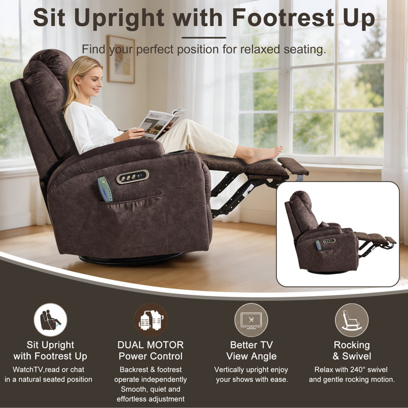 Upholstered Velvet Power Reclining Heated Massage Chair, Brun