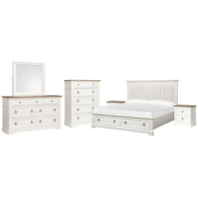 Queen Upholstered Panel Storage Bed 2 Nightstands Drawer Dresser With Landscape Mirror And Drawer Chest