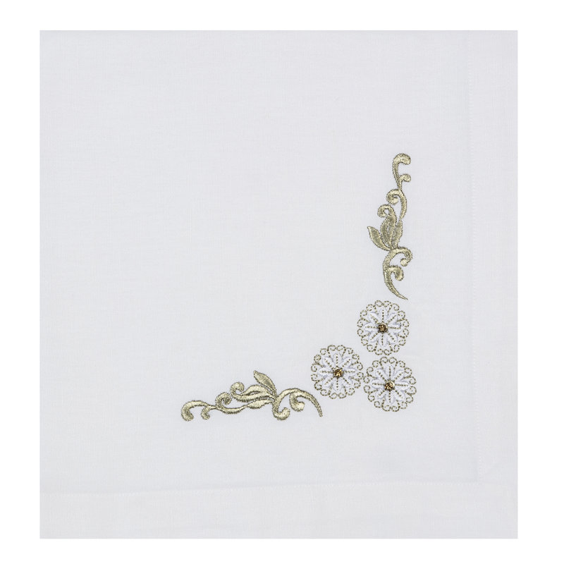 3 Flower Crystal Center Embroidered Napkin, White/Beige