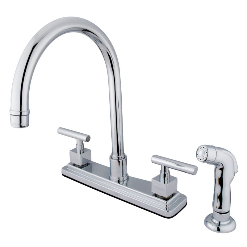 Robinet de cuisine central à deux poignées 8 po Kingston Brass Claremont, Chrome poli, Avec douchette latérale