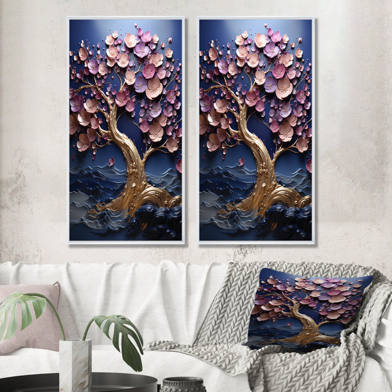 Orchidée dorée, jardin de branches I - ensemble de 2 reproductions d'art mural, Cadre blanc, H 28 po x l 25 po