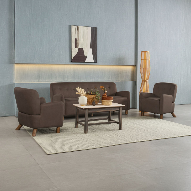 Ensemble de meubles de salon 3 pièces, canapé en lin capitonné et 2 fauteuils d'appoint avec pieds en bois massif, Brun