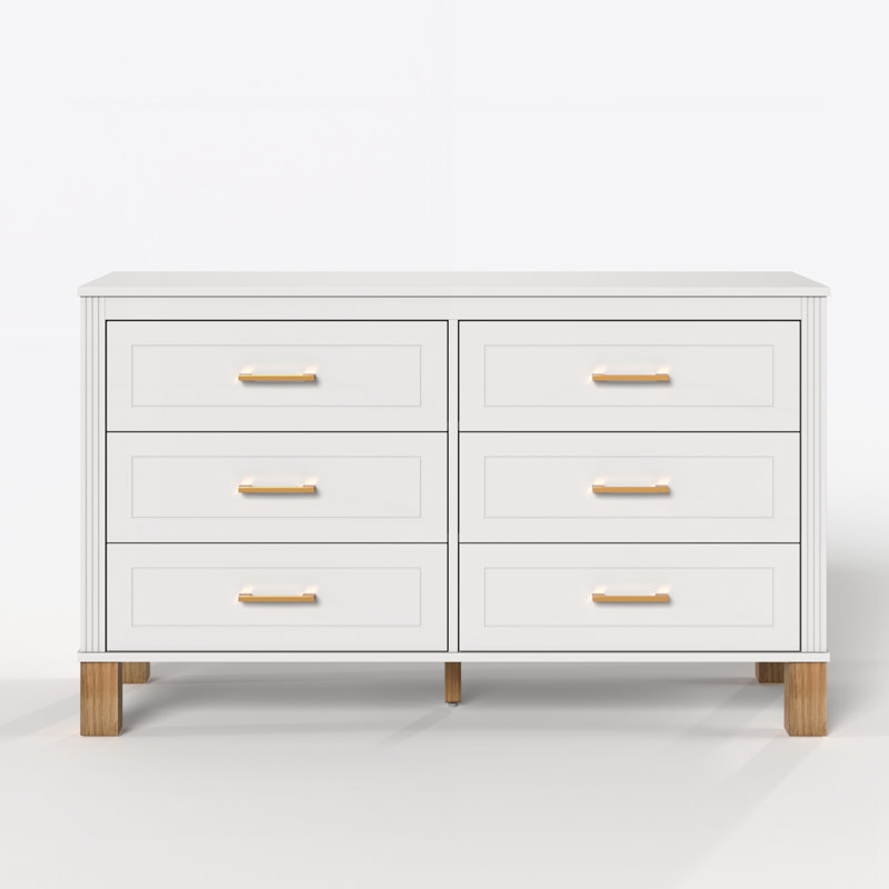 Commode double 6 tiroirs avec poignées en métal et pieds en bois massif, White