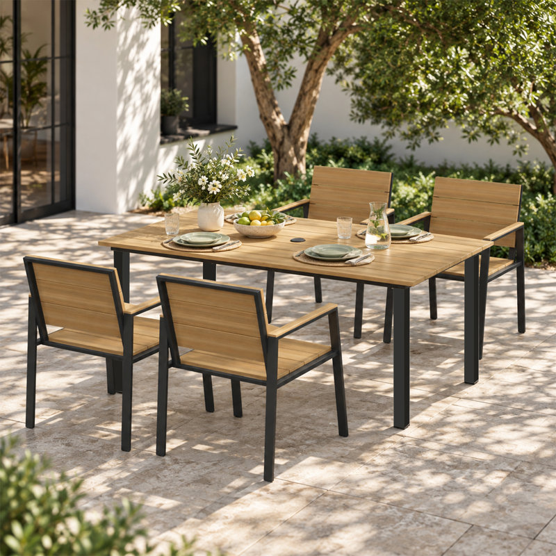 Chaises de salle à manger d'extérieur empilables en aluminium avec finition grain de bois (ensemble de 4), Yellow