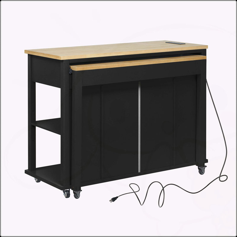Îlot de cuisine polyvalent avec table extensible et multiples fonctionnalités, Noir