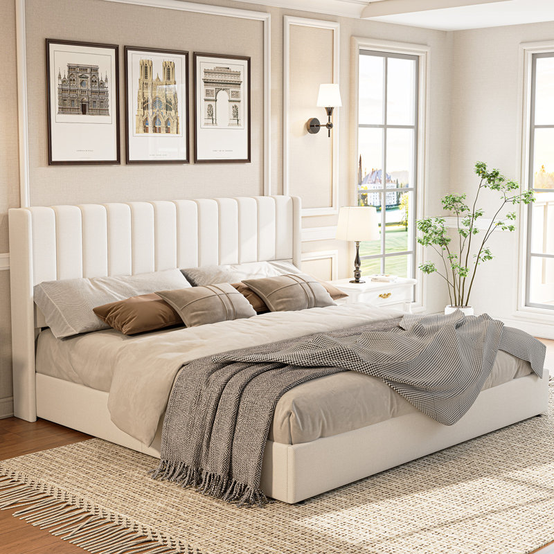 Channel-Tufted Upholstered Bed with Lift-Up Underbed Storage, King, Cream