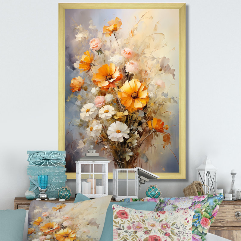 «Darb Beige Sunflowers», impression romantique sur toile, Encadrement doré, H 32 po x l 16 po x P 1 po