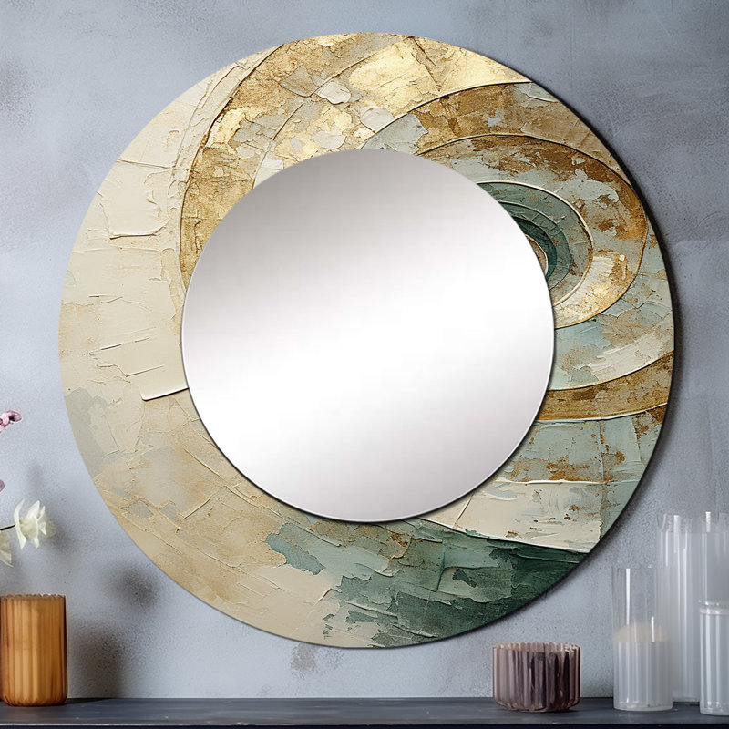 Beige minimalisme spirale poteries III - miroir décoratif spirales abstraites, miroir mural rond moderne, art imprimé en métal
