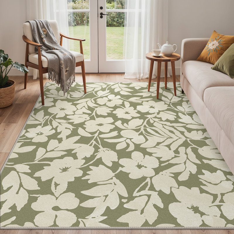 Vilve Floral Machine Washable Beige/Sage Green Indoor Area Rug With Non-Slip Backing, Rectangle 8' x 10'