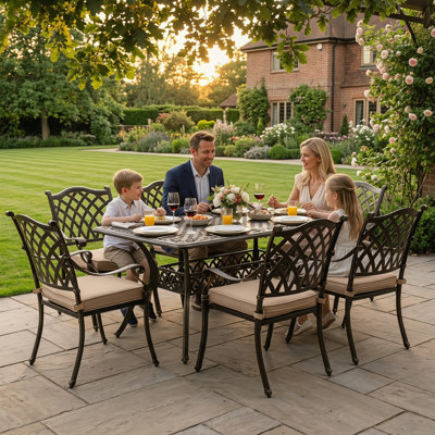 7 Outdoor Dining Set Cast Aluminum Retro Patio Dining Set For 6 Includes 59” Rectangular Table And 6 Chairs With Thicker Cushion And Umbrella Hole For Patio Deck Garden