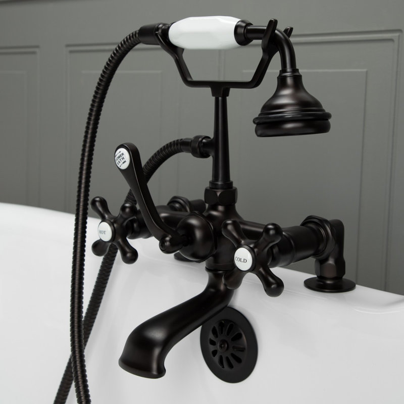Robinet pour baignoire sur pattes trois poignées avec robinet de déviation et douchette, Bronze huilé