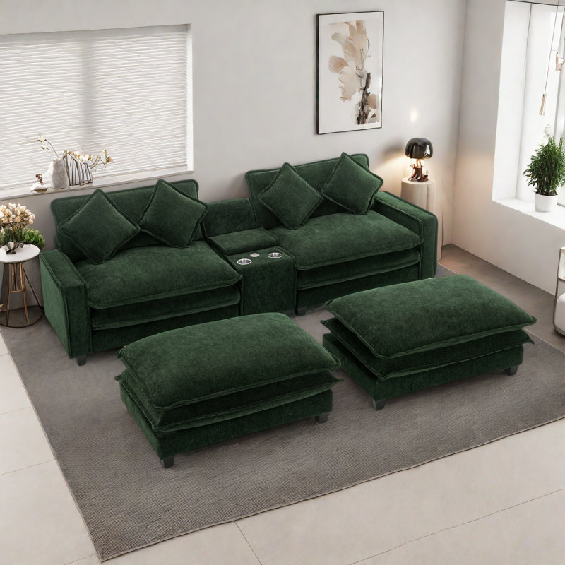 Sectional Sofa With 2 Removable Ottoman, 2 Usb Ports, 2 Cup Holders And Large Storage, Blue Chenille