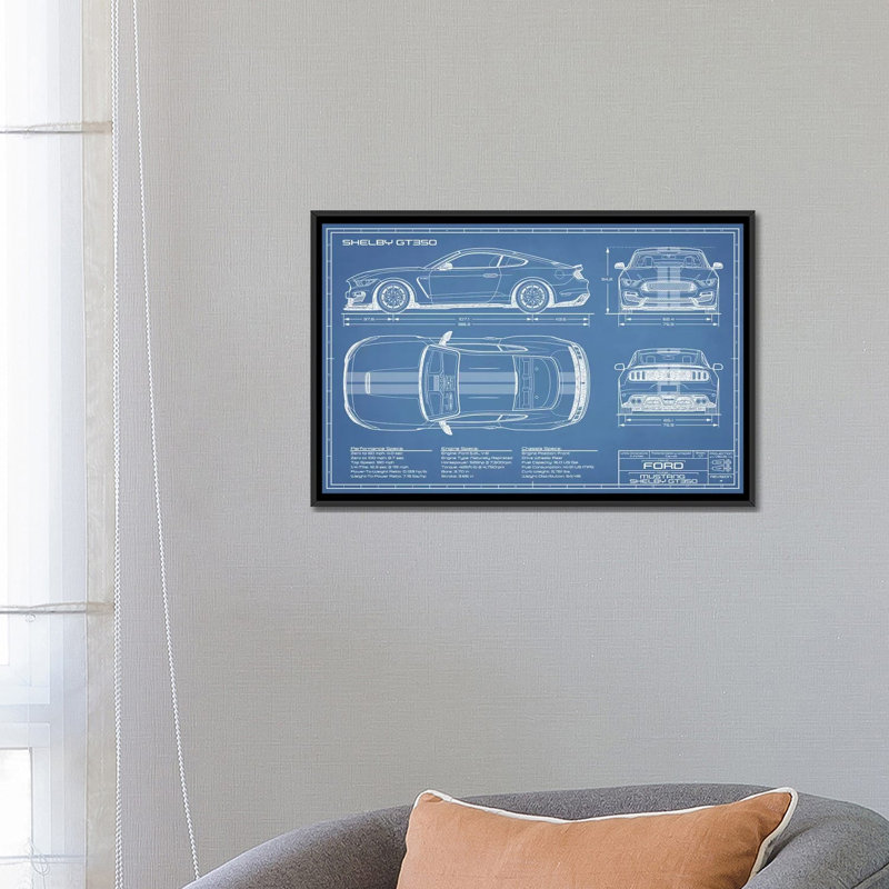 GT350 Shelby (2015-2019) Blueprint-impression de dessin, H 18 po x l 26 po x P 1,5 po, Toile avec cadre noir, Pas de tapis