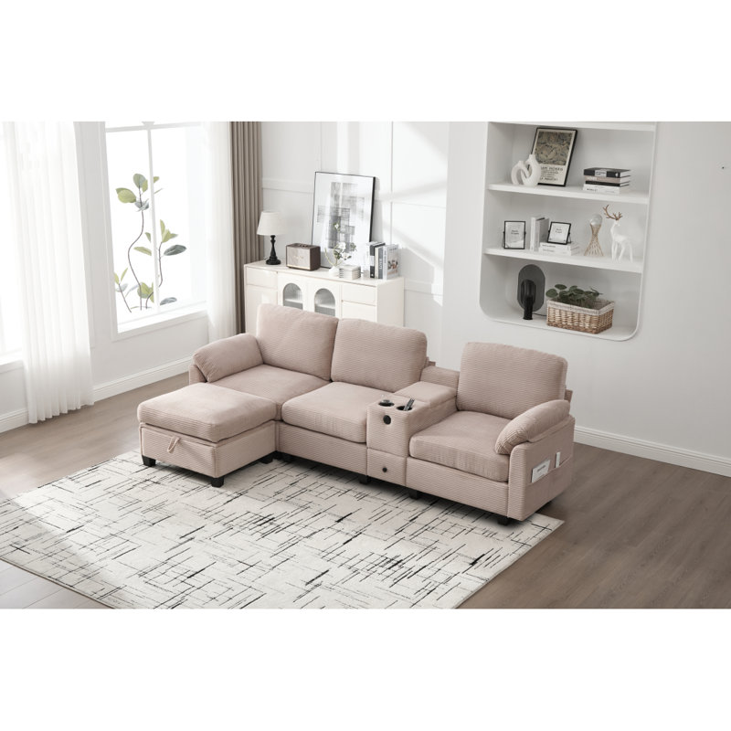 UNITED WE WIN L-Type Multifunctional Corduroy Sofa: 4-Seater Segmented Design With Cup Holder/USB Interface/Storage Box, Equipped With Movable Console+Ottoman Style Storage Space, Optimized For Apt.