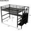 Lit mezzanine double en métal noir avec bureau, escalier de rangement, garde-robe et éclairage à DEL