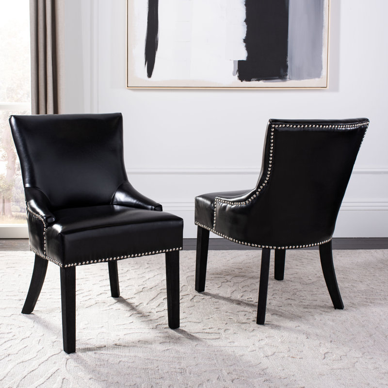Danillie 20'' H Genuine Leather Upholstered Side Chair, Black Faux Leather