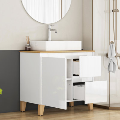 Meuble-lavabo de 31,5 po avec lavabo carré, 1 porte et 2 grands tiroirs, mécanisme de fermeture en douceur, plateau en bois massif, blanc brillant, meuble-lavabo moderne simple 31,5 po, lavabo, fermeture en douceur, bois, céramique
