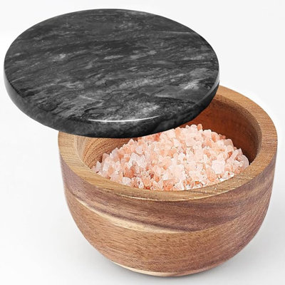 Large Wood Salt Box Salt Cellar With Spoon Spice Salt Container Salt Holder Solid Natural Acacia Base Marble Lid Decorative Box Bowl Big Capacity Salt Cellar Spice Cellar