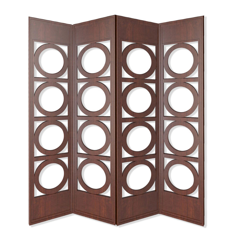 Paravent en bois à 4 panneaux transitionnel avec motifs circulaires abstraits, brun