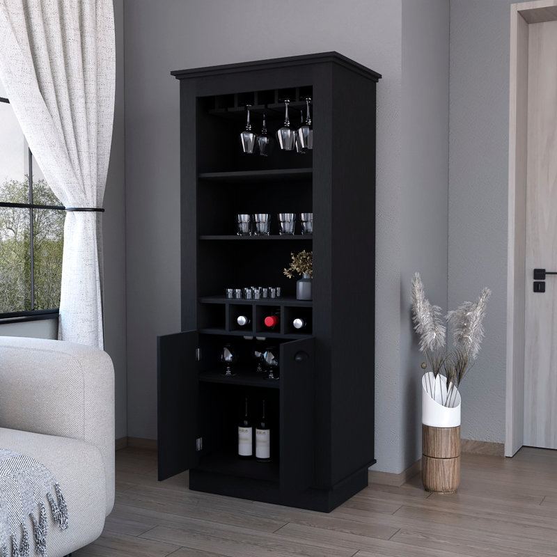 Black Wine Rack Bar Cabinet With Inner Storage Space And Ample Shelving Capacity, Black