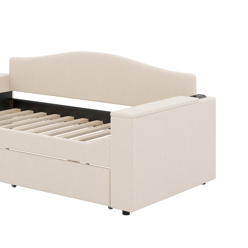 Lit de jour simple rembourré avec couchette et dernier système audio Bluetooth intégré, Beige, Lit simple