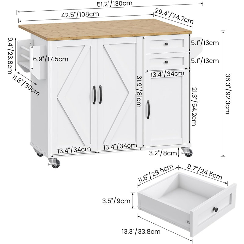 Rolling Kitchen Island On Wheels, Kitchen Island Cart with Drop Leaf Countertop, White