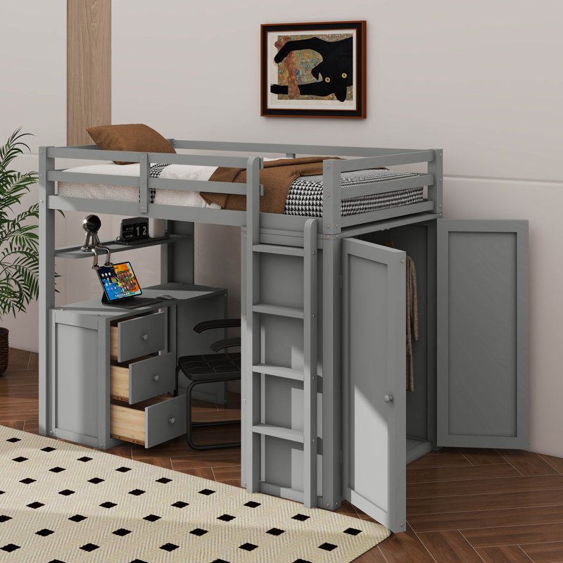 Lit mezzanine avec bureau à tiroirs et garde-robe intégrés, Simple, gris