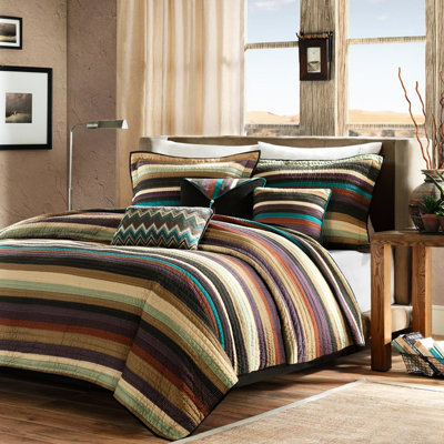 Courtepointe et oreiller réversible multicolore simple / simple TG, microfibre, rayures sarcelle mauve terreux, motif rayé zigzag avec fonction, rayures en filet, coussins décoratifs