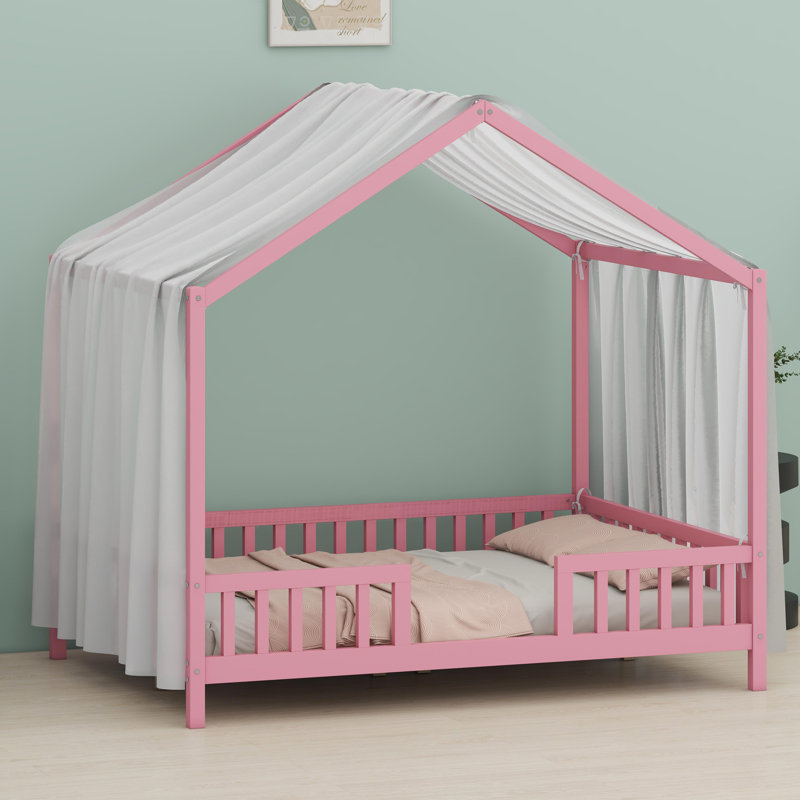Toddler House-Shaped Bed with Overhead Canopy and Enclosed Safety Sides, Full, Pink