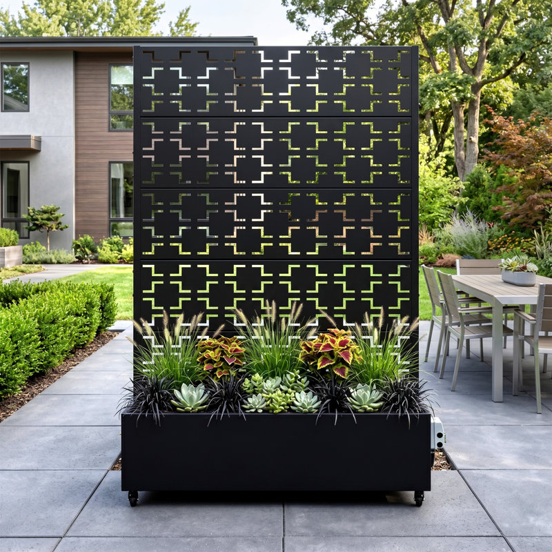 Boîte à fleurs en métal avec treillis et roues, H 72 po x l 47 po x P 16 po, Noir