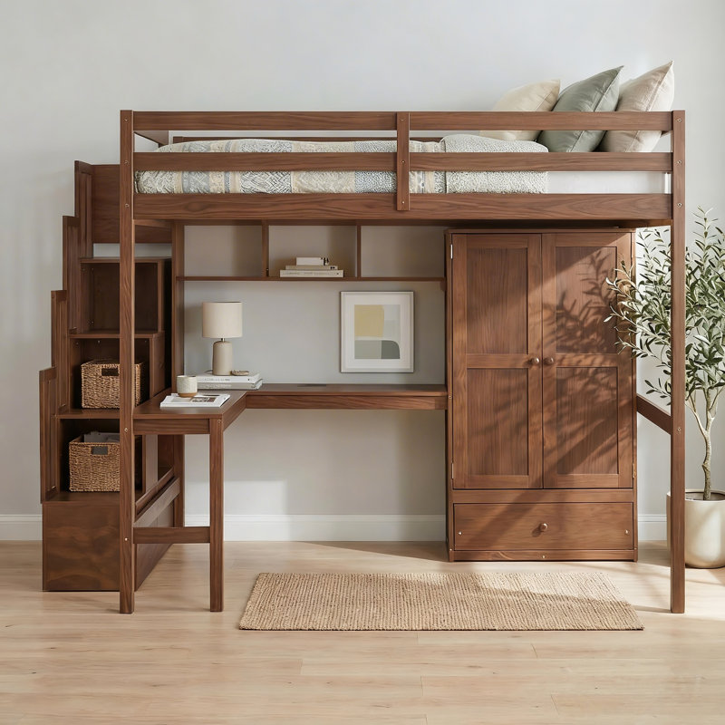 Lit mezzanine double avec bureau, garde-robe et escalier de rangement, lit mezzanine en bois de pin massif avec station de charge