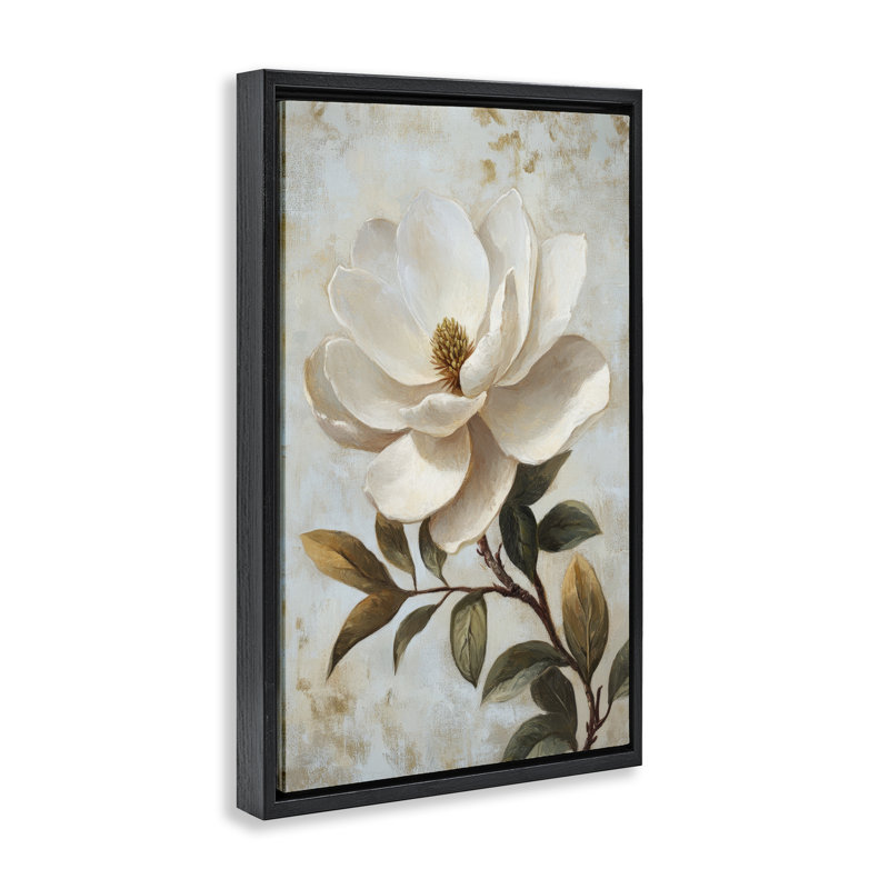 Cadre ouvert en forme de fleur de magnolia blanc, design par Petal Prints Design, Cadre flottant noir de jais