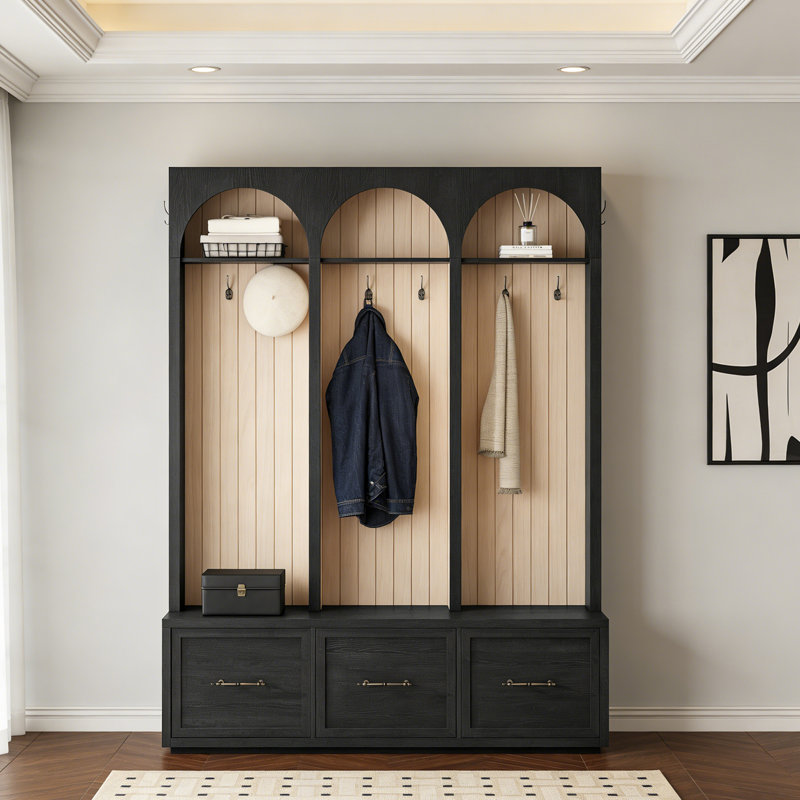 Arched Hall Tree With Hooks And Coat Rack & 3 Drawers, Black