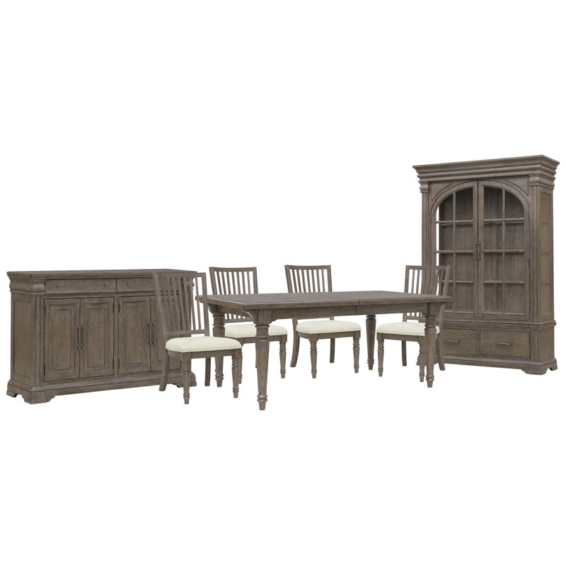 Table de salle à manger extensible avec 4 chaises, buffet et vaisselier, 7 pièces: table, 4 chaises, armoire, buffet