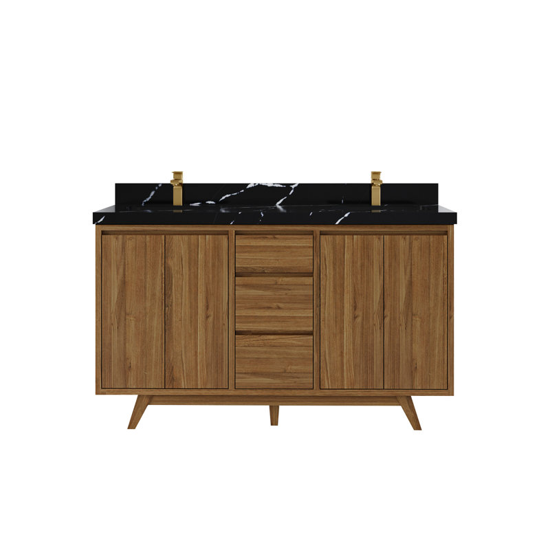 Ensemble de meuble-lavabo double 60 po Madison, Naturel foncé, Calacatta Black