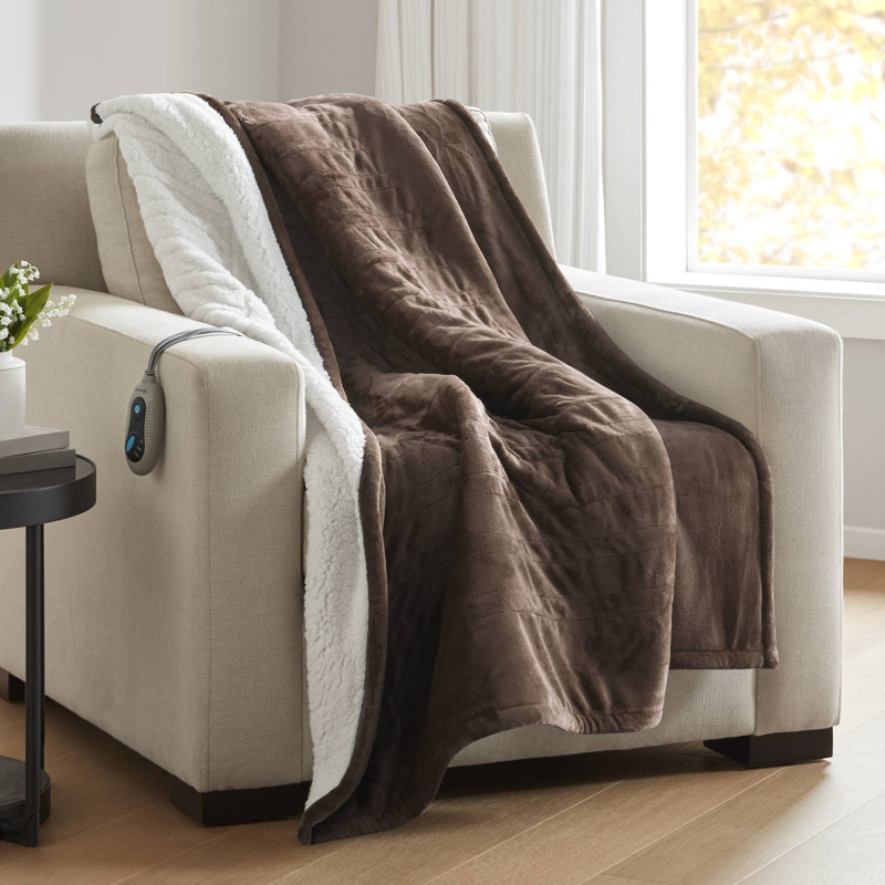 Oversized Chocolate Electric Fleece Reversible Heated Throw Blanket