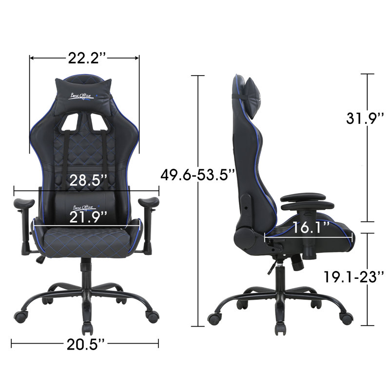 Fauteuil de jeu ergonomique avec soutien lombaire avec appui-tête et accoudoirs réglables, Bleu