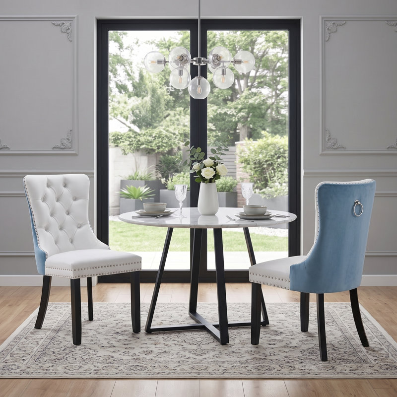 Modern Tufted Upholstered Parsons Dining Chair with Nailhead Trim, Linen White/Blue, Black
