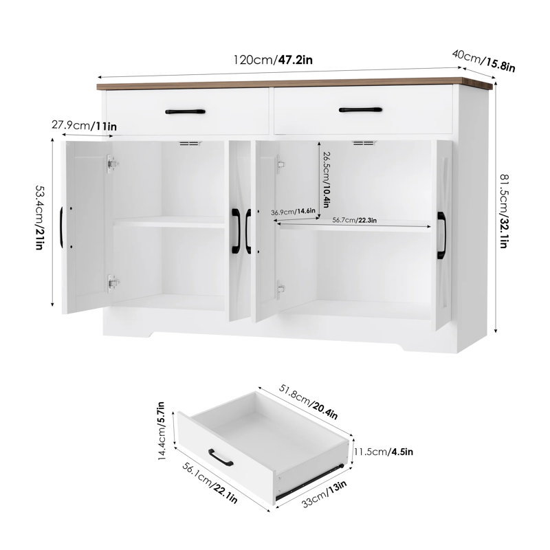 Buffet 4 portes avec tiroirs Daryosh, Blanc / Brun