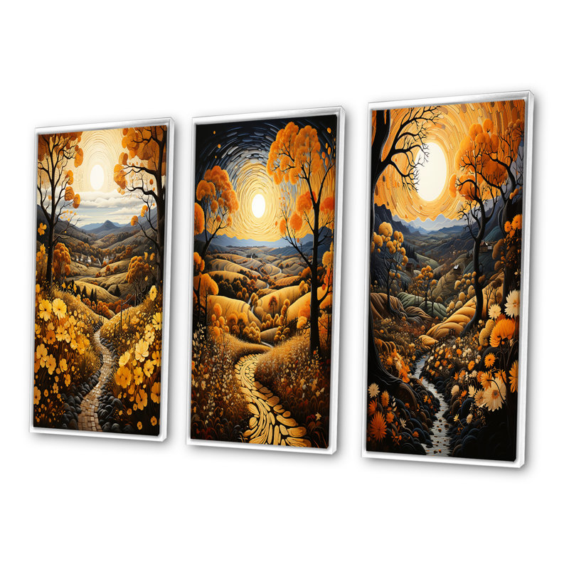 «Countryside Harvest Gold Autumn», 3 pièces sur toile, Cadre blanc, H 20 po x l 36 po