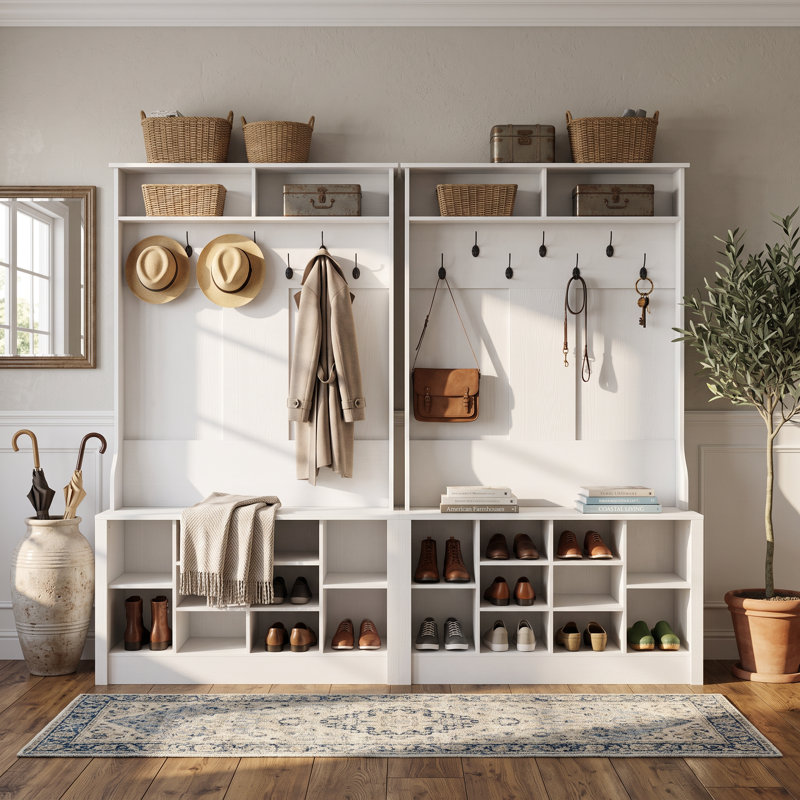 Arbre d'entrée de 78,8 po de largeur avec crochets, banc et rangement pour chaussures Bettymae, Blanc
