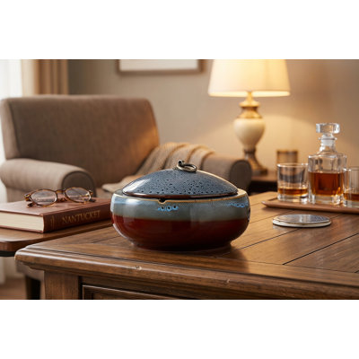5.2 Inch Windproof Ceramic Cigarette Ashtray with Lid, Indoor & Outdoor Ash Holder for Smokers, Decorative Desktop Ash Tray for Home & Office, Blue