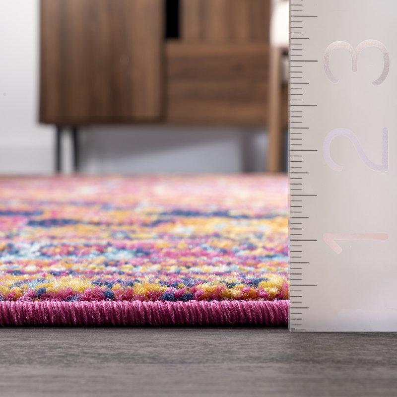 Aliece Bohemian Medallion Power Loom Performance Pink/Orange Rug, Square 8'