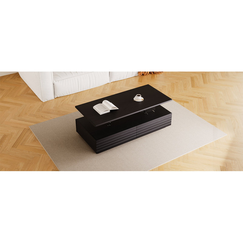 Rectangular LED Lights Coffee Table With 2 Drawers In 47.2", Wood, Black