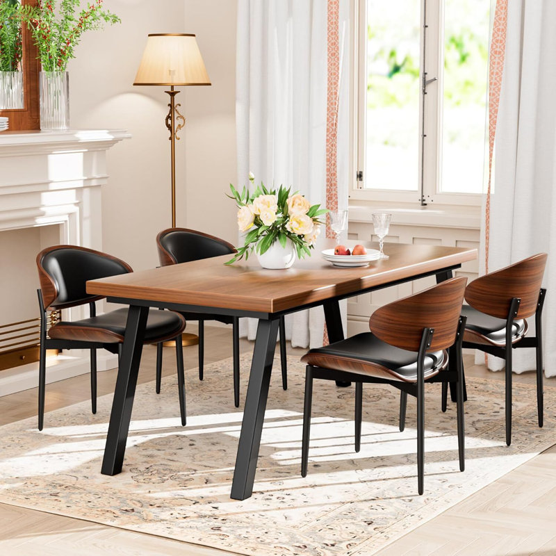 Mid-Century Modern Dining Chairs Set Of 4, Black Faux Leather Upholstered Seats With Walnut Wood Backrest, Ergonomic Kitchen Chairs For Home Dining Room, Breakfast Nook, Or Office