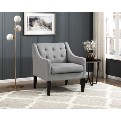 Fauteuil d'appoint moderne gris, revêtement en tissu à boutons, structure en contreplaqué, coussins de siège en mousse haute, siège réversible, housse amovible, pieds en bois d'hévéa