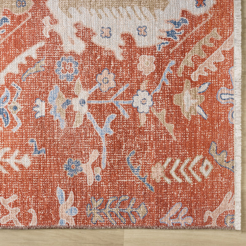 Aldora Ember Red Bloom Power-Loomed Cotton Area Rug, Rectangle 5'6" x 8'6"